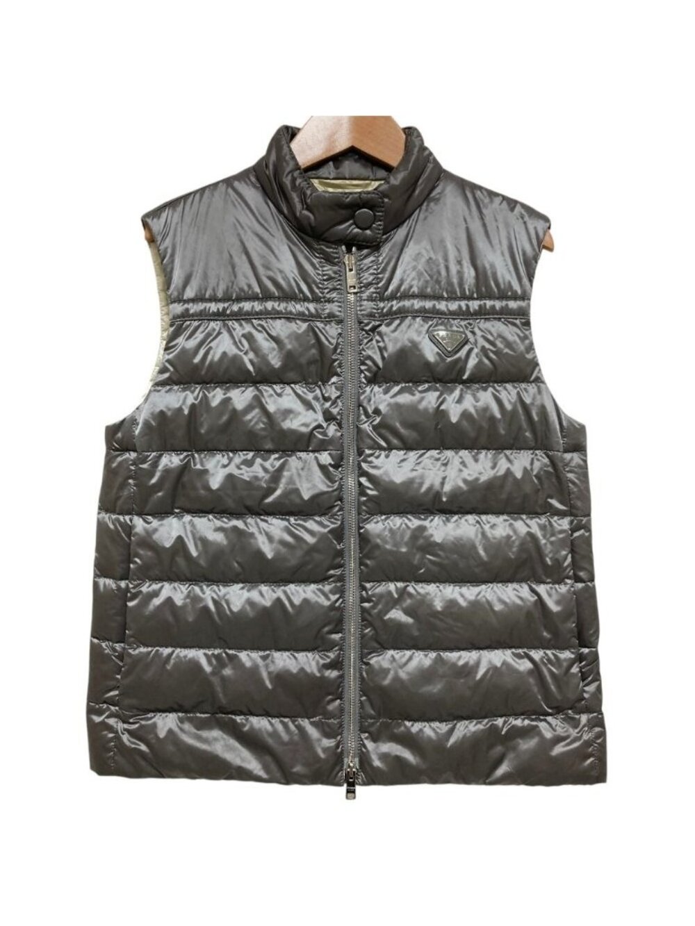 Prada Triangle Plate Down Vest 38 Metallic Gray
